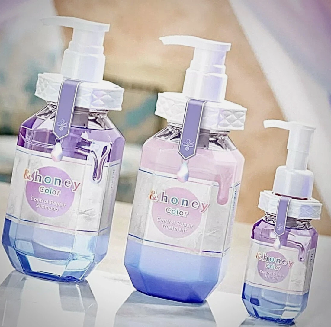 Three bottles of &honey Color on a white background, &honey Color Control Repair Shampoo Treatment and Oil Set 445g*2+ 100ml oil