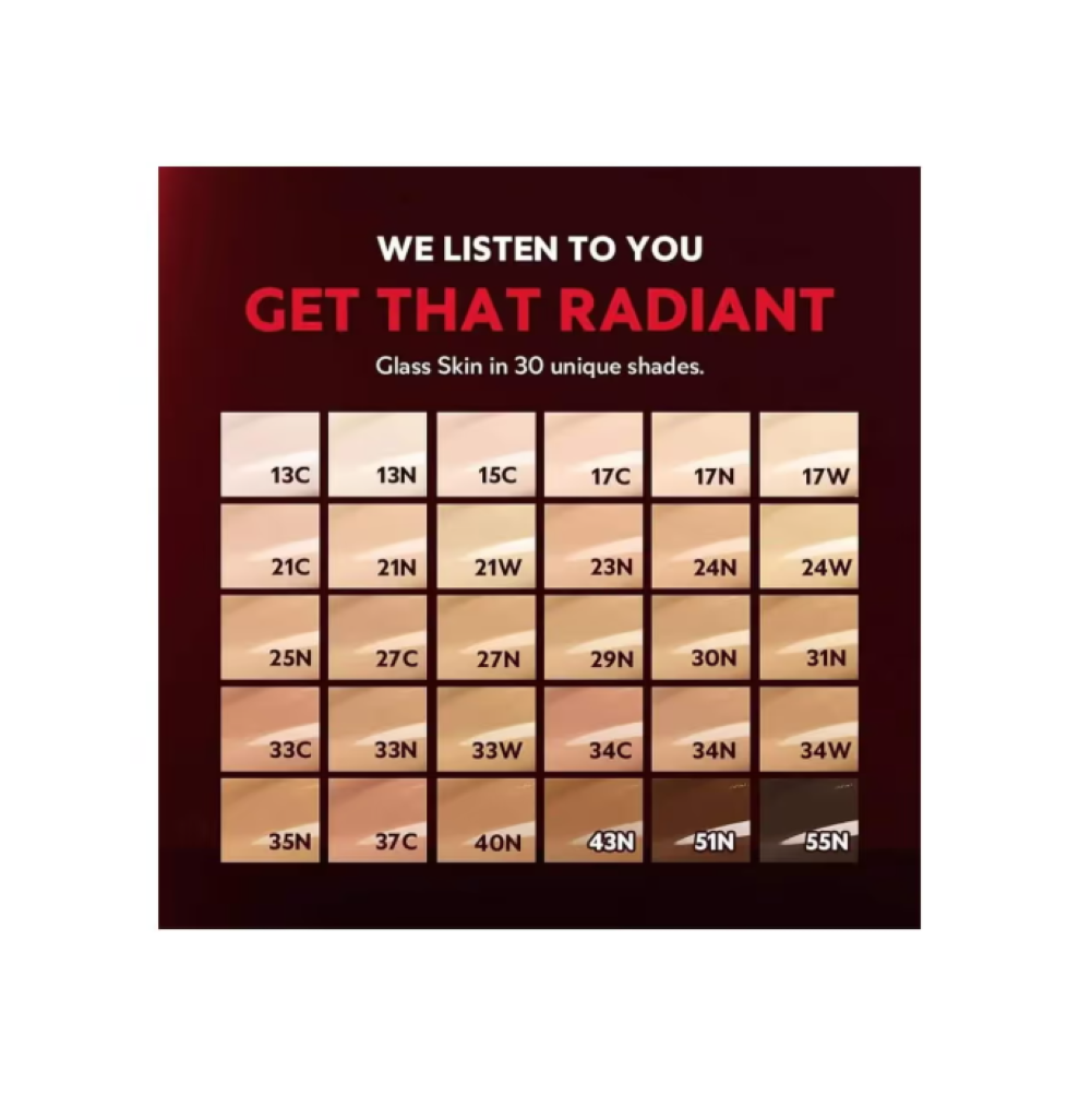 Color swatch palette with shade names and text 'We Listen to You, Get That Radiant'.
