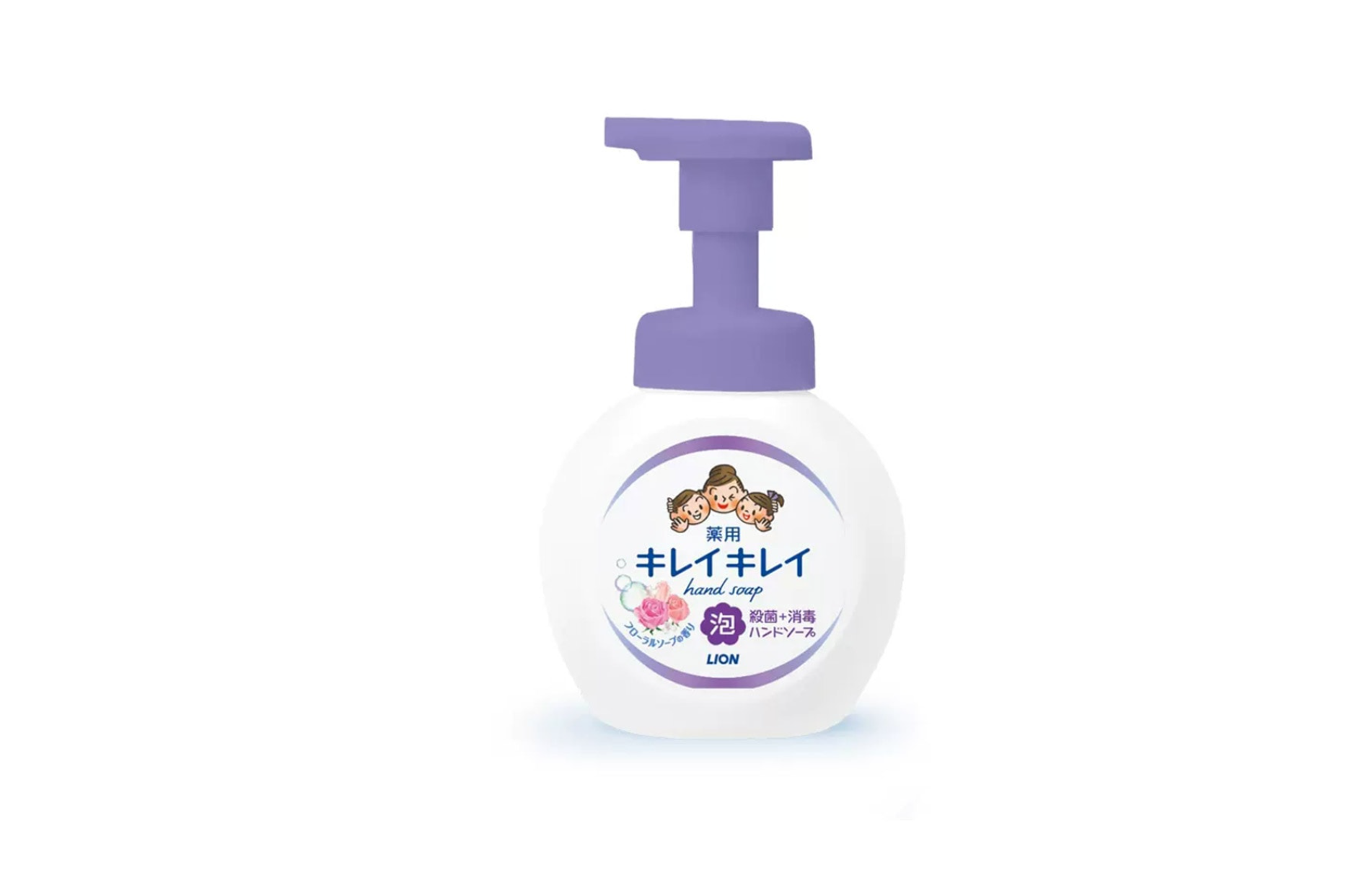 White bottle with purple pump on a white background, LION Kirei Kirei Medicated Foam Hand 250ml
