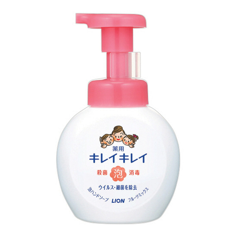 White bottle with pink pump head on a white background, LION Kirei Kirei Medicated Foam Hand 250ml