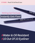 Two Proof 10 Gel Pencil Liners on a gradient background with product features highlighted, Etude House Proof 10 Gel Pencil Liner