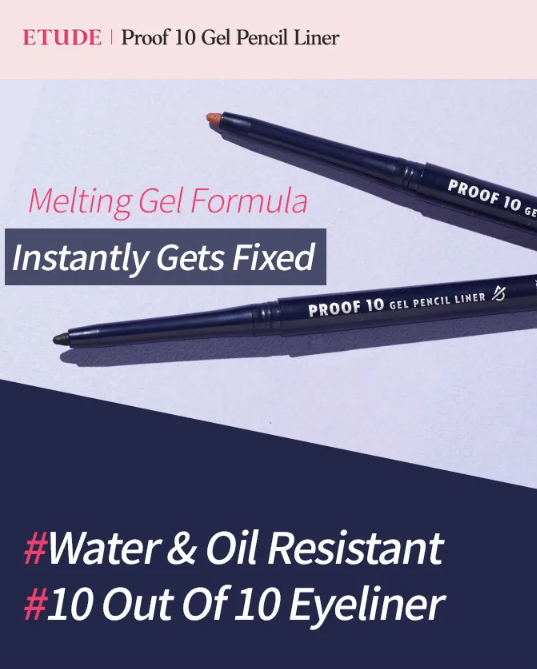 Two Proof 10 Gel Pencil Liners on a gradient background with product features highlighted, Etude House Proof 10 Gel Pencil Liner