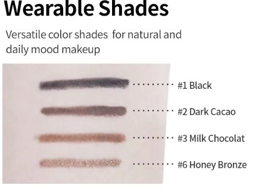 Wearable shades swatches with labeled colors on a white background, Etude House Proof 10 Gel Pencil Liner