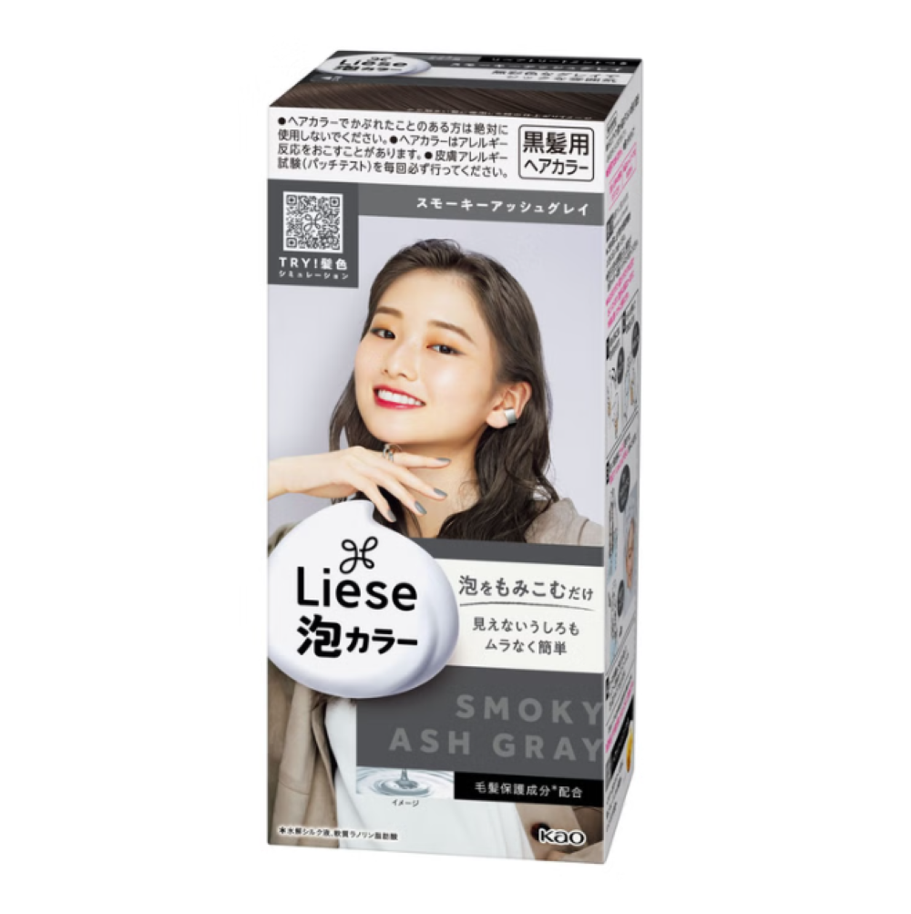 Liese hair color packaging with a model and text on a white background, Kao Liese Bubble Dye Smoky Ash Gray