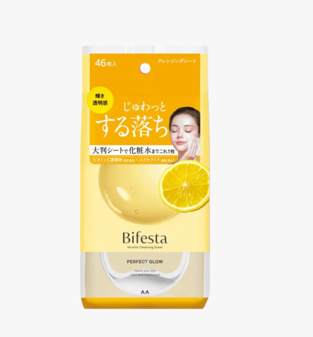 Bifesta facial cleansing sheet packaging with lemon graphic on a white background, Mandom Bifesta Makeup Remover Wipes Perfect Glow 70ml
