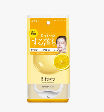 Bifesta facial cleansing sheet packaging with lemon graphic on a white background, Mandom Bifesta Makeup Remover Wipes Perfect Glow 70ml
