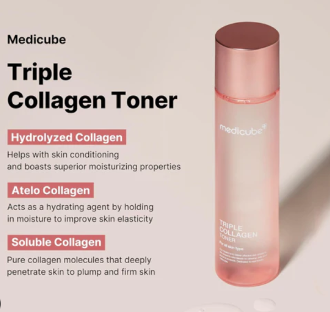 Medicube Triple Collagen Toner bottle with product details on a beige background, Medicube Triple Collagen Toner 140ml