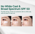 Advertisement for sun protection cream with text about 'No White Cast & Broad Spectrum SPF 50' on a white background.