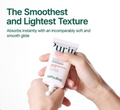 Hand holding a white skincare product with text about texture and absorption on a light background