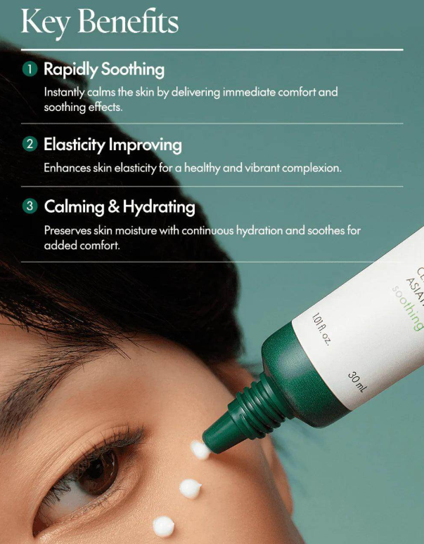 Cosmetic bottle being applied to skin with key benefits listed above, Purito Seoul Wonder Releaf Centella Eye Cream 30ml