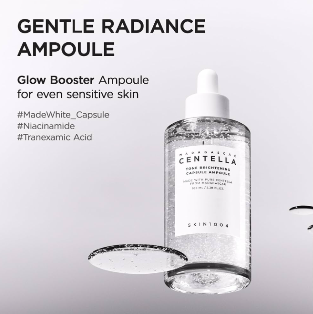 Gentle Radiance Ampoule bottle with text on a light gray background, Skin1004 Madagascar Centella Tone Brightening Capsule Ampoule 100ml