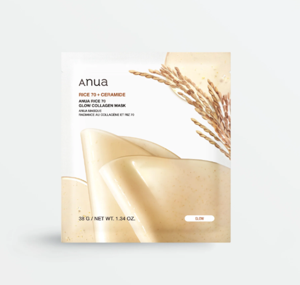 Anua rice 20+ ceramide glow collagen mask packaging on a white background, Anua Rice 70 Glow Collagen Mask 4pcs