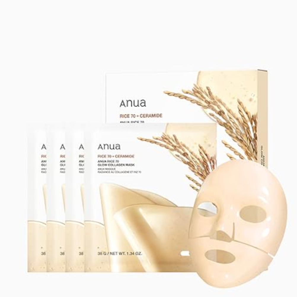 Anua rice 10+Ceramide face mask packaging with a mask on a white background, Anua Rice 70 Glow Collagen Mask 4pcs