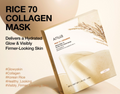 Anua Rice 70 Collagen Mask packaging with text highlighting benefits on a beige background, Anua Rice 70 Glow Collagen Mask 4pcs