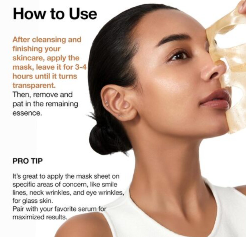 Woman applying a skincare mask with text on how to use it, Anua Rice 70 Glow Collagen Mask 4pcs