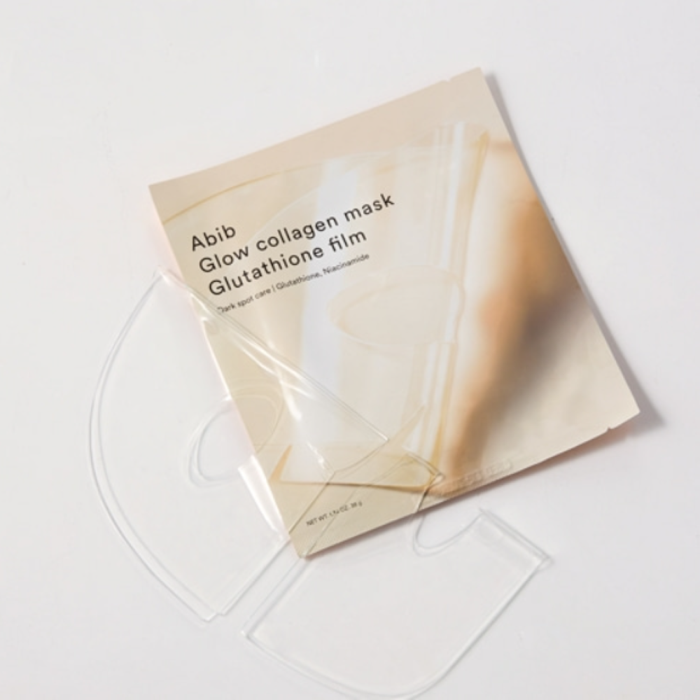 Abib Glow collagen mask with Glutathione film on a white background, Abib Glow Collagen Mask Glutathione Film 4pcs
