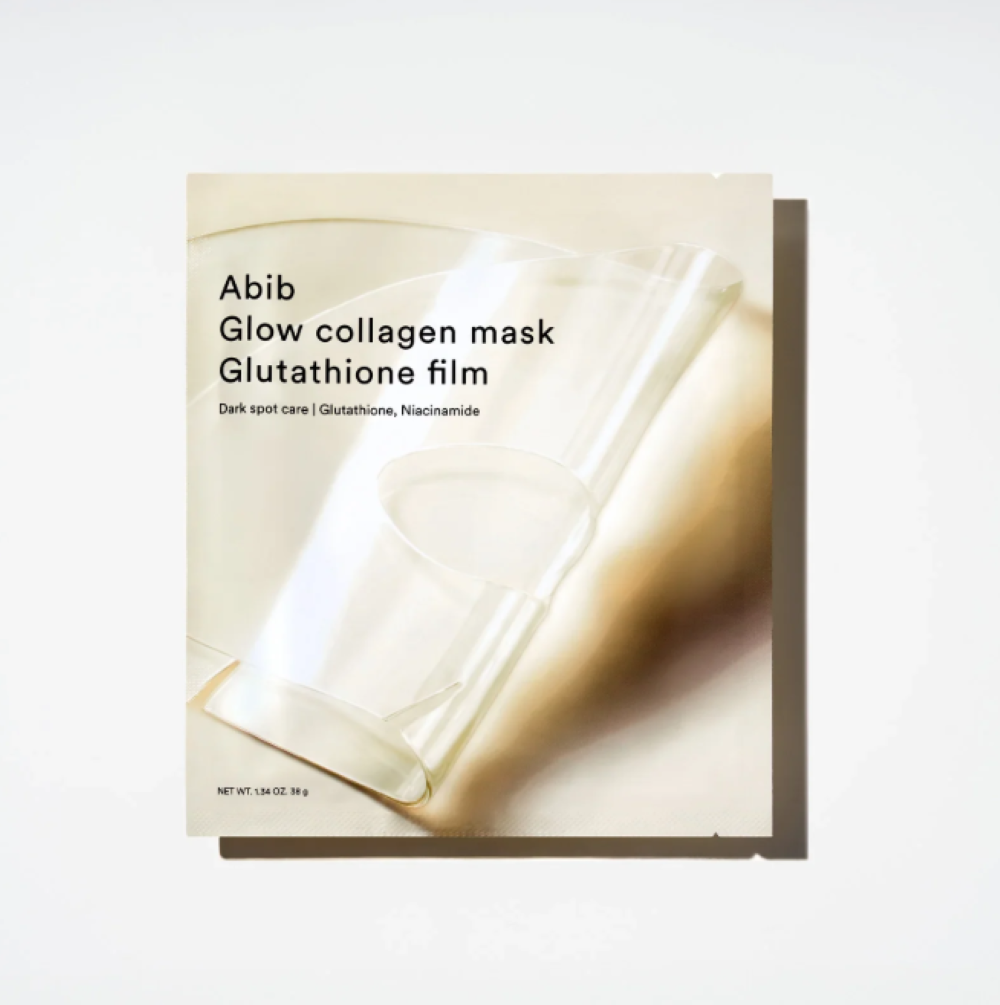 Abib Glow collagen mask with Glutathione film on a white background, Abib Glow Collagen Mask Glutathione Film 4pcs