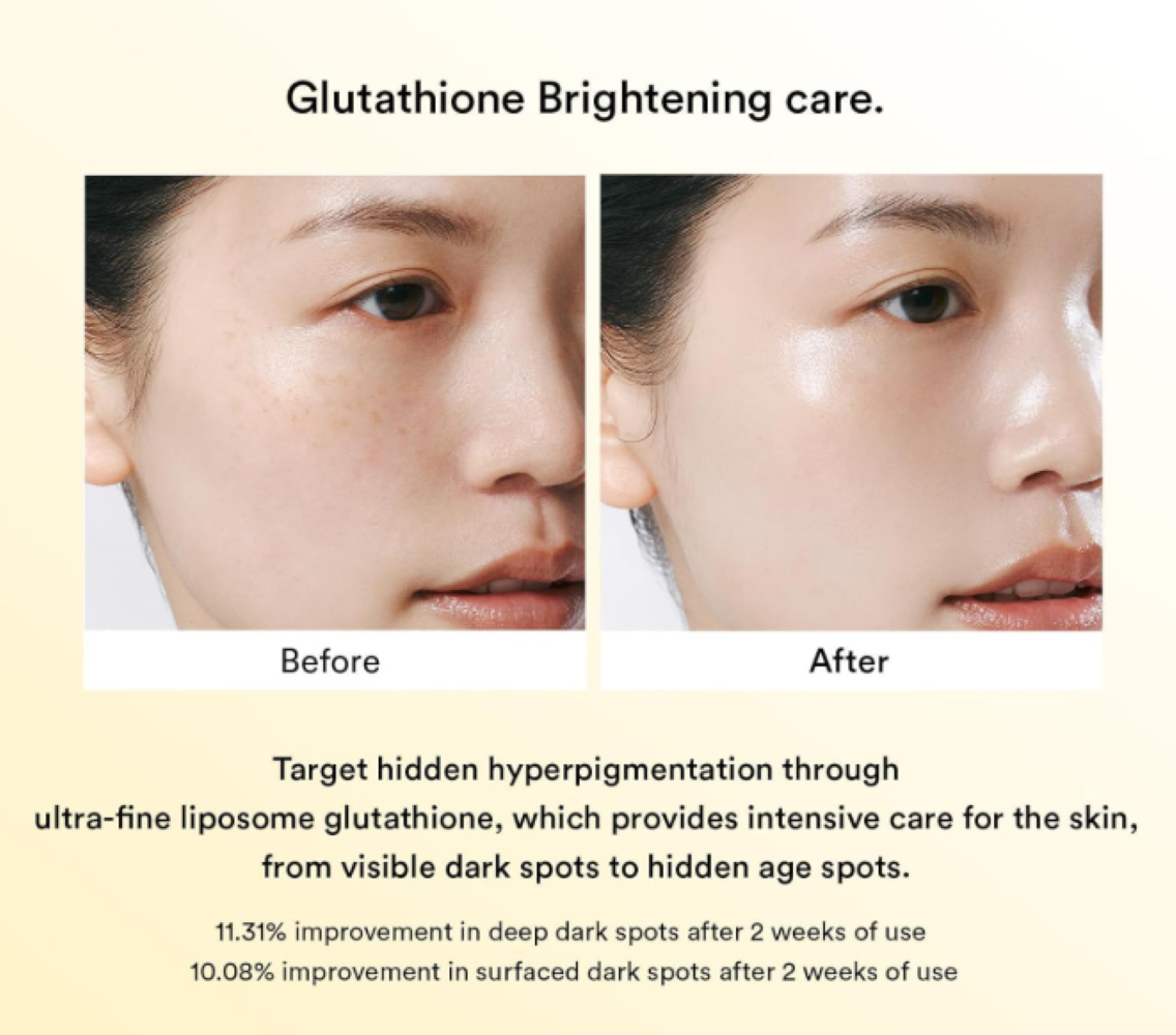 Before and after comparison of skin treatment with glutathione, showing visible improvement, Abib Glow Collagen Mask Glutathione Film 4pcs
