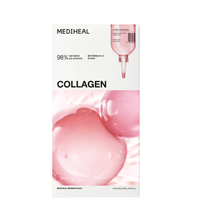 MEDIHEAL collagen product packaging with pink liquid and text on a white background， Mediheal Collagen Mask 10+1