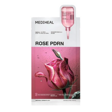 Mediheal Rose PDRN skincare product packaging with a pink rose illustration on a white background, Mediheal Rose PDRN Mask 10+1