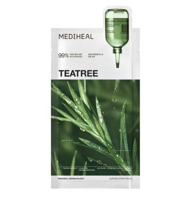 Mediheal Teatree facial mask packaging on a white background, Mediheal Teatree Mask 10+1