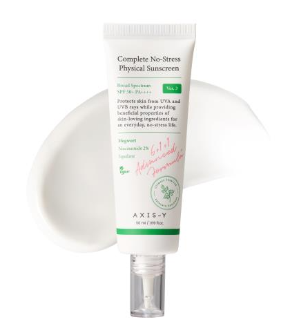 Tube of Axis-Y Complete No-Stress Physical Sunscreen on a white background