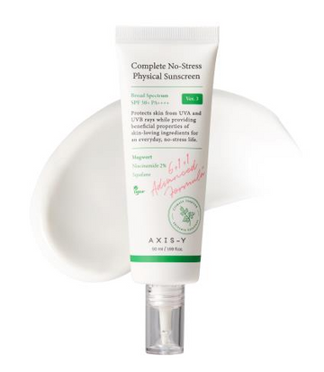 Tube of Axis-Y Complete No-Stress Physical Sunscreen on a white background