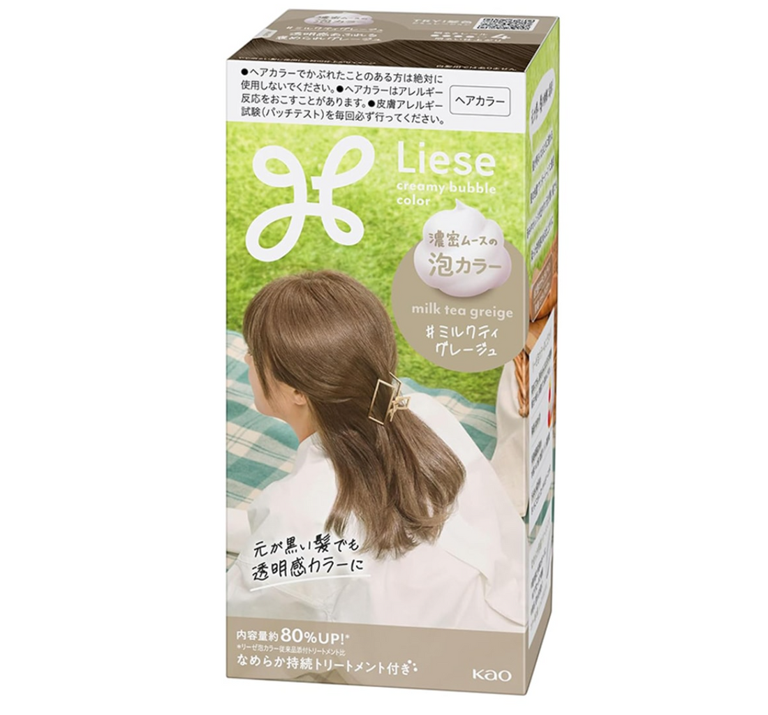 KAO Liese Creamy Bubble Color hair dye in milk tea greige, shown in its original retail packaging box. The box features a green and white design with a photo of a woman with the highlighted hair.