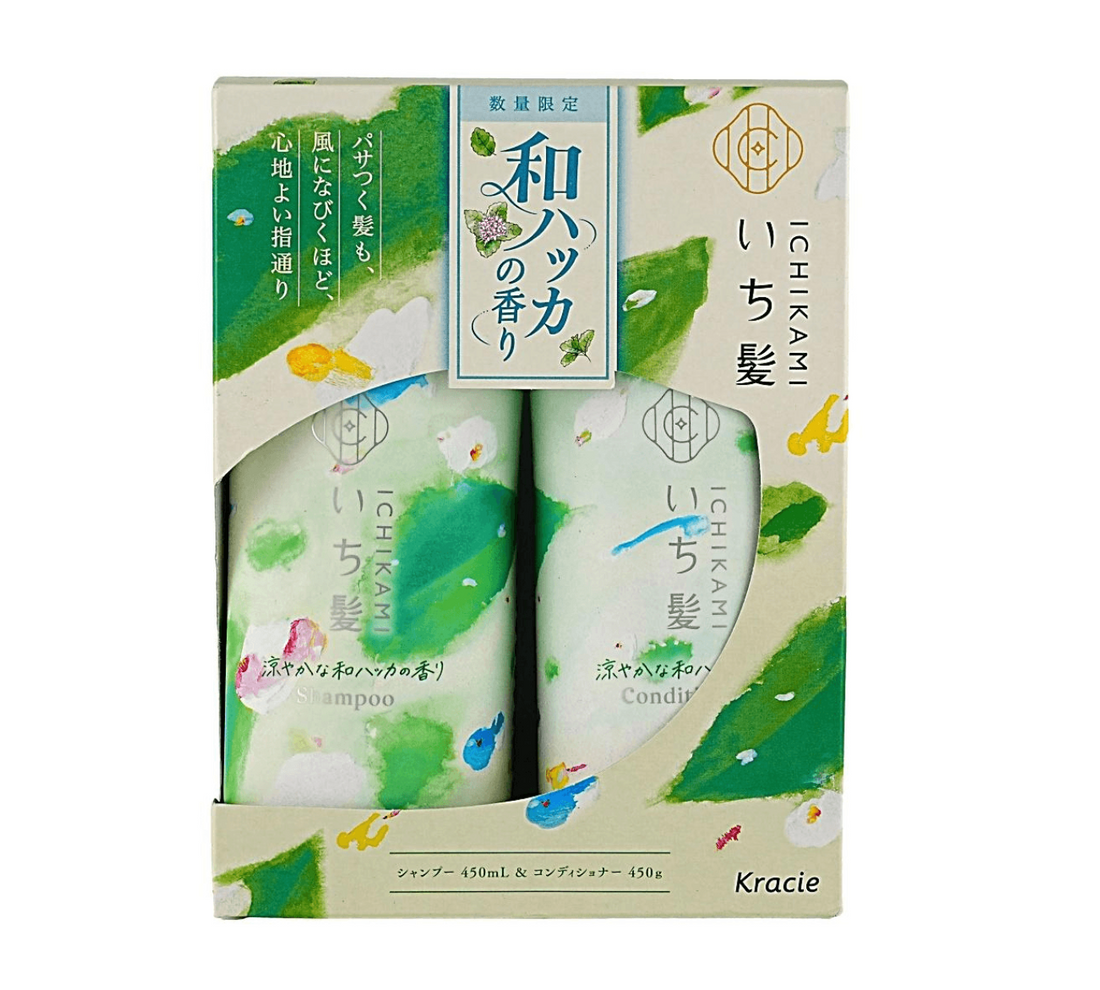 Kracie Ichika Hair Care set containing shampoo and conditioner in a green and white illustrated box with Japanese text.