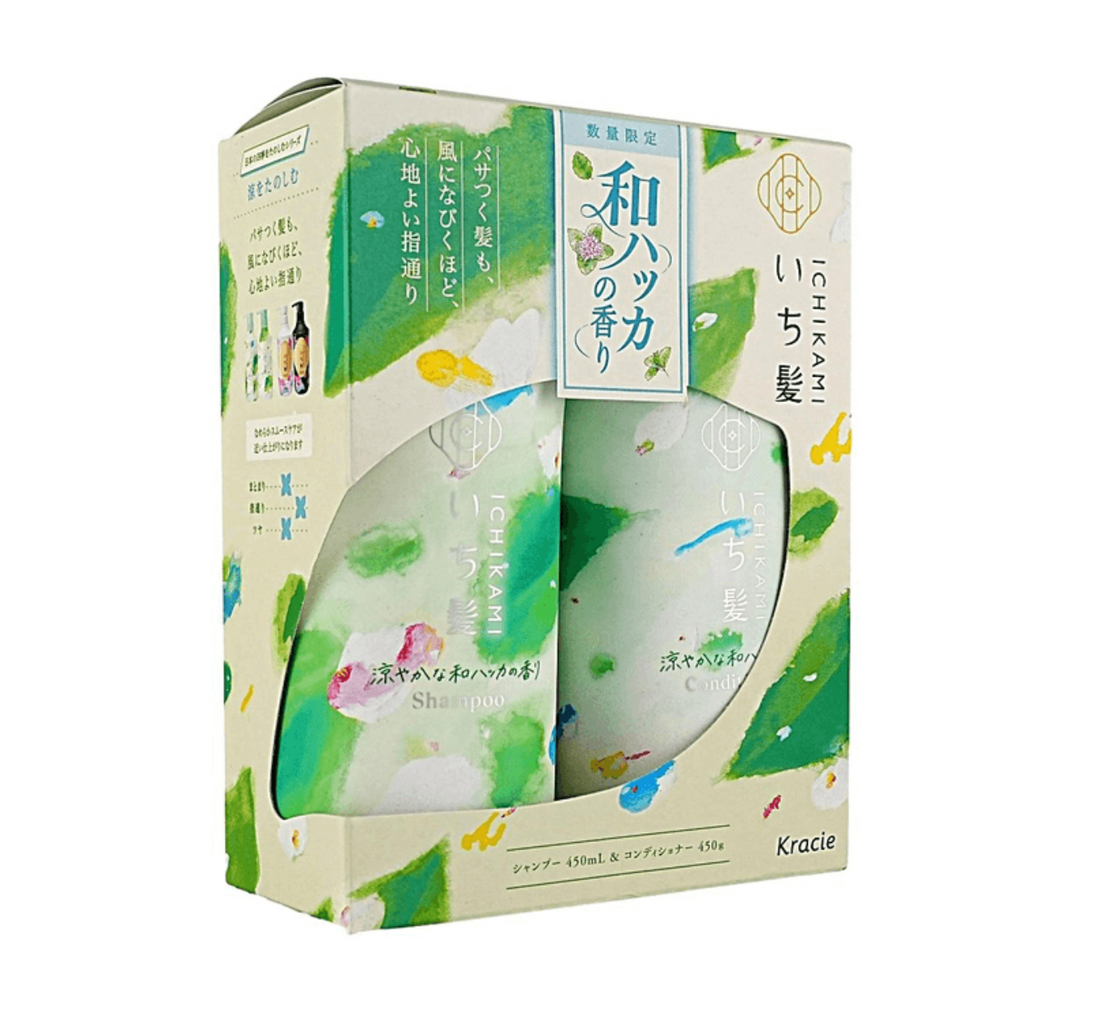 Kracie Ichika Hair Care set containing shampoo and conditioner in a green and white illustrated box with Japanese text.