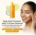 A cosmetic ad showing a bottle of medicube Kojic Acid Turmeric Jelly To Foam Cleanser alongside a woman applying cream to her face. The ad features a clean cream background with text detailing the product's benefits. Medicube Kojic Acid Turmeric Purifying Gel Cleanser 500ml