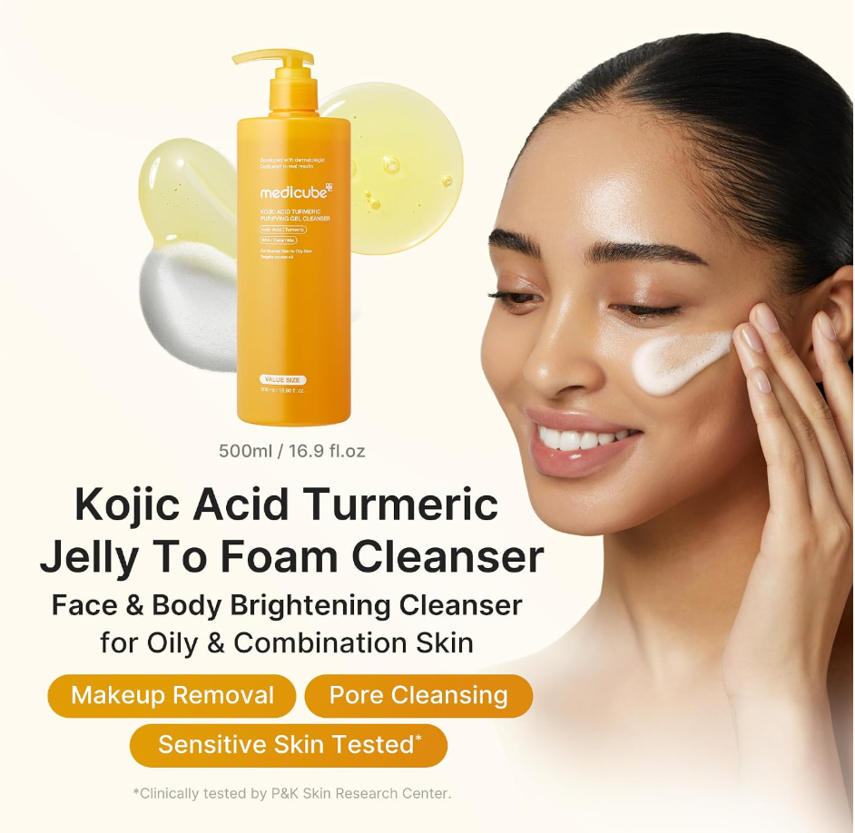 A cosmetic ad showing a bottle of medicube Kojic Acid Turmeric Jelly To Foam Cleanser alongside a woman applying cream to her face. The ad features a clean cream background with text detailing the product's benefits. Medicube Kojic Acid Turmeric Purifying Gel Cleanser 500ml