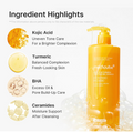 Medicube Kojic Acid & Turmeric Purifying Gel Cleanser bottle shown on a white background with ingredient callouts and circular ingredient graphics. Medicube Kojic Acid Turmeric Purifying Gel Cleanser 500ml