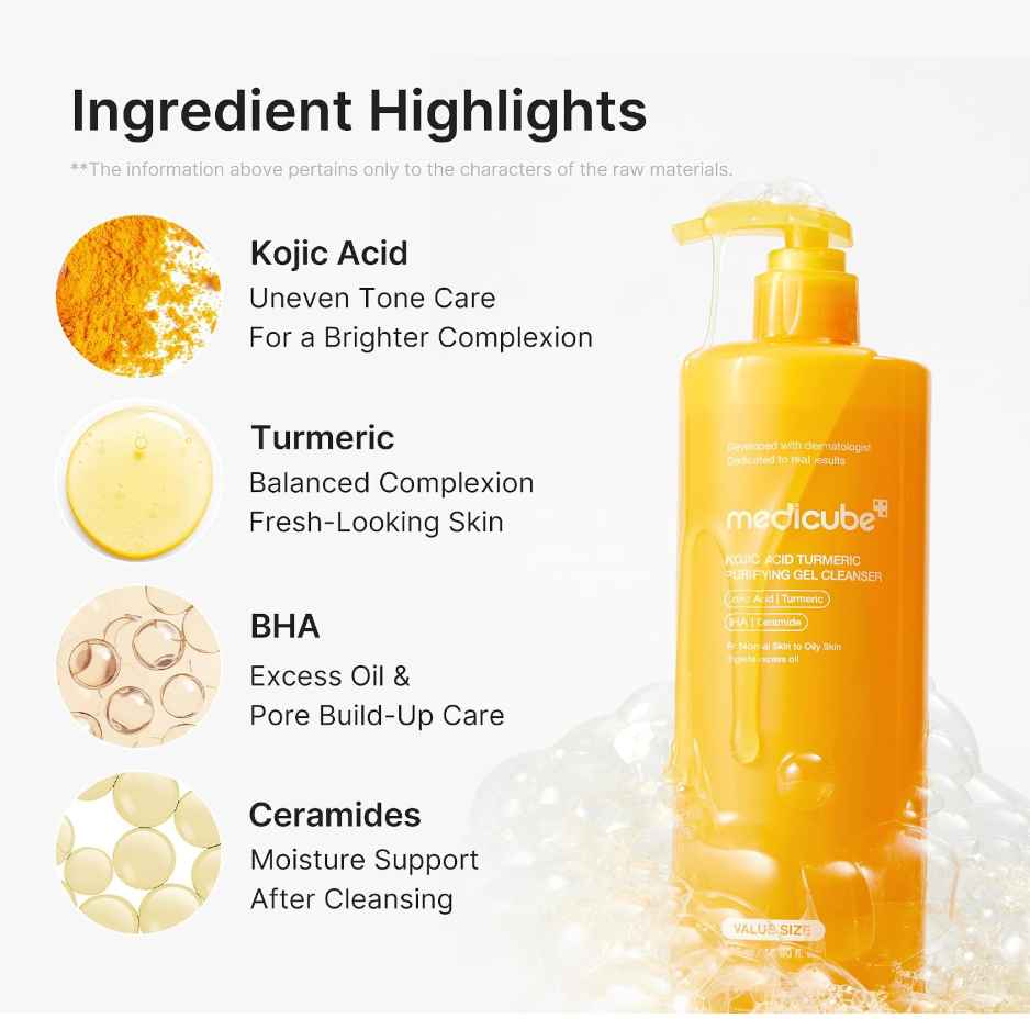Medicube Kojic Acid & Turmeric Purifying Gel Cleanser bottle shown on a white background with ingredient callouts and circular ingredient graphics. Medicube Kojic Acid Turmeric Purifying Gel Cleanser 500ml