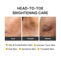 Promotional graphic for head-to-toe brightening care showing three close-up skin panels labeled Face, Armpits, and Elbows, with text listing skin types and conditions such as oily and combination skin, uneven-tone skin, dull skin, sensitive skin, and troubled skin. Medicube Kojic Acid Turmeric Purifying Gel Cleanser 500ml