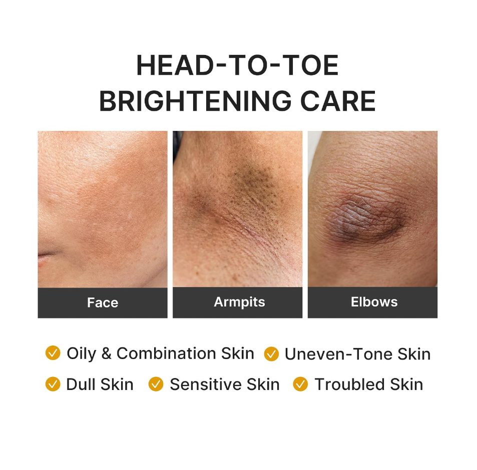 Promotional graphic for head-to-toe brightening care showing three close-up skin panels labeled Face, Armpits, and Elbows, with text listing skin types and conditions such as oily and combination skin, uneven-tone skin, dull skin, sensitive skin, and troubled skin. Medicube Kojic Acid Turmeric Purifying Gel Cleanser 500ml