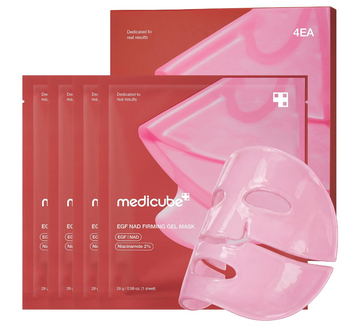 A set of Medicube EGF NAD+ Firming Gel Mask sachets in red packaging, with a translucent pink sheet mask displayed in front of the packets on a white background. Medicube EGF NAD Firming Gel Mask 4ea