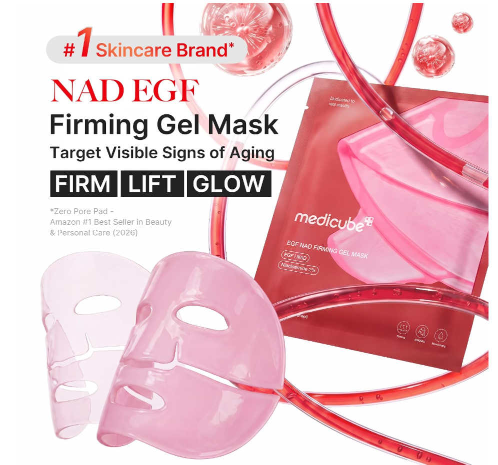 Pink NAD(EGF) Firming Gel Mask shown with two translucent pink sheet masks, red tubing, and the red Medicube product packaging on a white background with promotional text. Medicube EGF NAD Firming Gel Mask 4ea