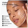 Close-up of a woman's face with text reading 'Visible 6-Area Lifting Care' and a checklist listing forehead, eyes, mid-face, smile lines, mouth corners, and jawline. A large beige rectangle obscures the center of the image. Medicube EGF NAD Firming Gel Mask 4ea