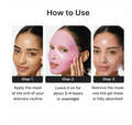 A three-step instructional graphic titled 'How to Use' showing a woman's face at each stage of applying, wearing, and removing a translucent gel mask. Step 1 says to apply the mask at the end of your skincare routine. Medicube EGF NAD Firming Gel Mask 4ea