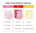 Promotional graphic showing three skincare mask package options side by side with headings PDRN, NAD+, and Kojic Acid, plus benefit text for each. The image is not a clean product photo of a single sellable item and functions as informational marketing content, so subject_type is Instruction Diagram rather than Product/Packaging. Medicube EGF NAD Firming Gel Mask 4ea