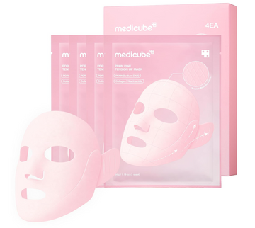 Four pink Medicube tension-up mask packets arranged in a fan shape, with one pale pink face mask placed in front on a clean white background. Medicube PDRN Pink Tension Up Mask 4ea