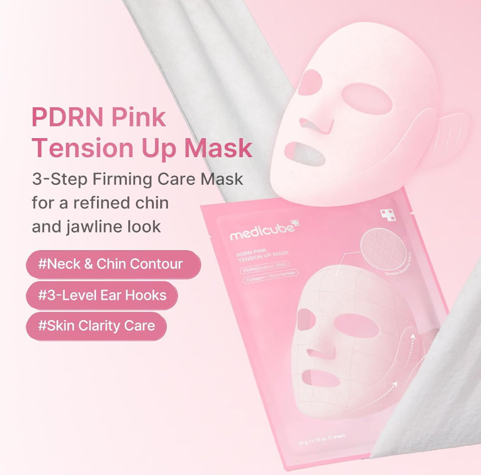PDRN Pink Tension Up Mask packaging with product details on a pink background, Medicube PDRN Pink Tension Up Mask 4ea
