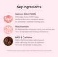 List of key ingredients with corresponding images and descriptions on a pink background, Medicube PDRN Pink Tension Up Mask 4ea