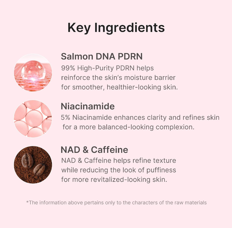 List of key ingredients with corresponding images and descriptions on a pink background, Medicube PDRN Pink Tension Up Mask 4ea