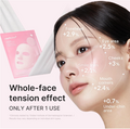 Facial mask packaging with a woman's face showing treated areas and text about tensor effect.Medicube PDRN Pink Tension Up Mask 4ea
