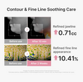 An infographic titled 'Contour & Fine Line Soothing Care' compares before-and-after results for jawline and fine line treatment. It shows grayscale before/after mouth profile images after 10 minutes and after 2 weeks, plus colorful close-up skin texture images. Medicube PDRN Pink Tension Up Mask 4ea