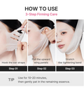 Instructional graphic showing three steps of facial skin tightening care: hooking ear straps, pulling the upward wing panels, and stretching the tightening band. The image includes a tip section with usage instructions. Medicube PDRN Pink Tension Up Mask 4ea