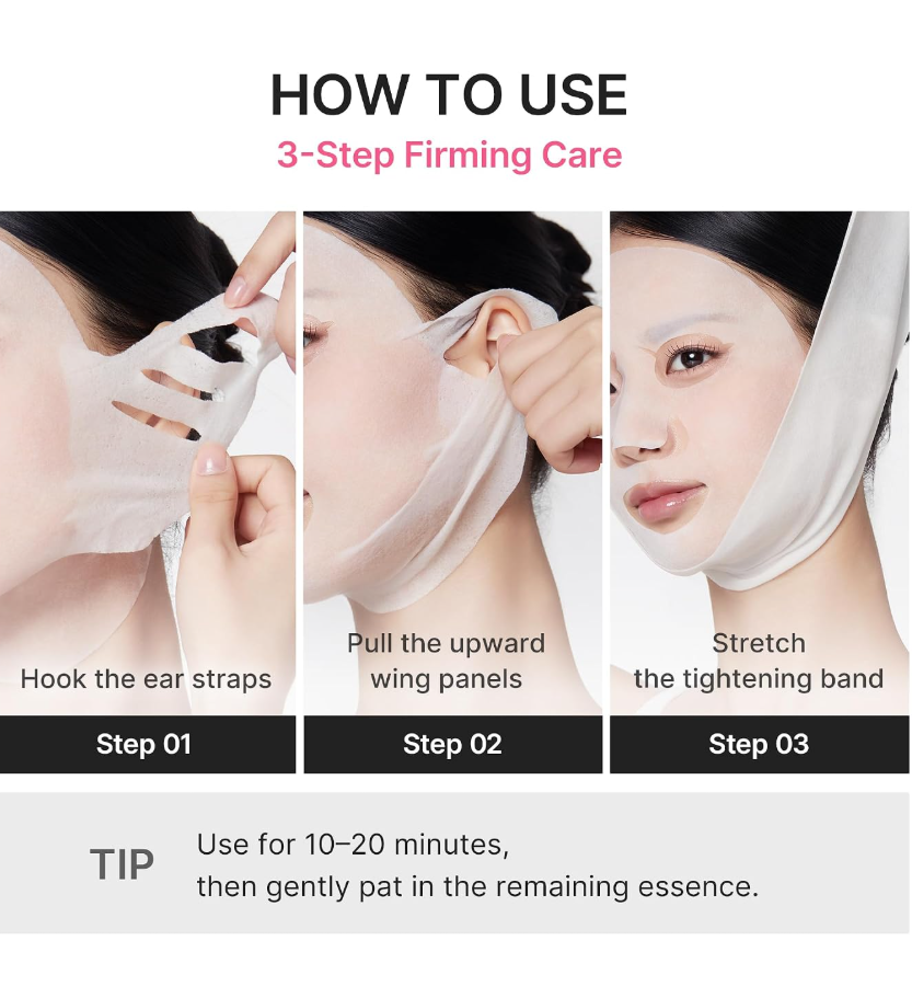 Instructional graphic showing three steps of facial skin tightening care: hooking ear straps, pulling the upward wing panels, and stretching the tightening band. The image includes a tip section with usage instructions. Medicube PDRN Pink Tension Up Mask 4ea
