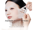 A close-up of a woman peeling a white stretch ear hook mask from her ear, with text reading 'Adjustable 3-Level Ear Hooks' and descriptive copy below on a white background. Medicube PDRN Pink Tension Up Mask 4ea